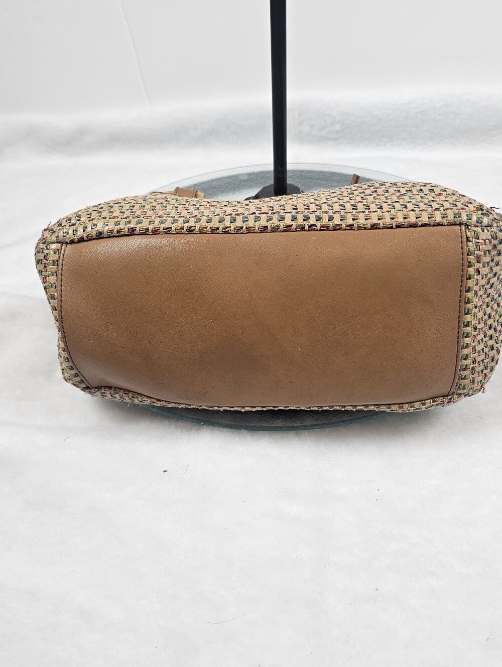 Fossil Raffia Straw Woven Boho Bag Purse Wooden‎ Handles Leather Trim - Picture 2 of 6